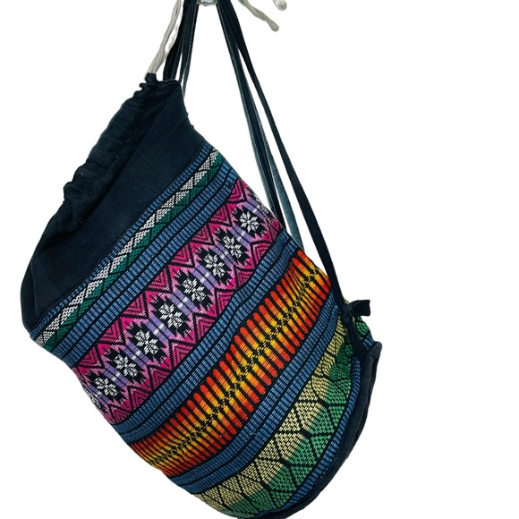 Large Embroidered Striped Pattern Drawstring Boho Bucket Weekender Travel Bag - Picture 4 of 8